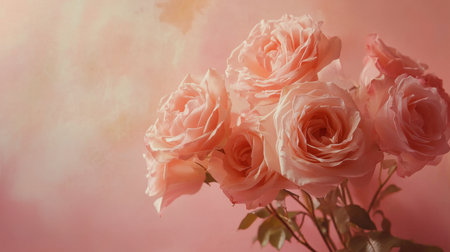 A bouquet of delicate pink roses in full bloom, placed against a soft pink background, evoking romance and elegance.の素材