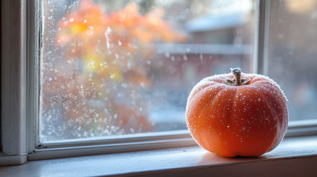 A close-up of a persimmon's glossy skin, covered in a light frost, sitting on a windowsill with the first signs of winter outside.の素材