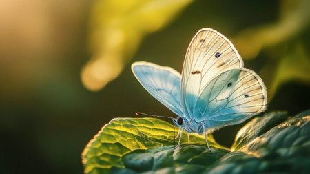 A close-up of a light blue butterfly resting on a green leaf, its delicate wings glowing in the sunlight.の素材