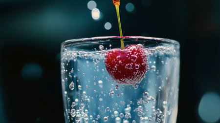 A close-up of a single cherry being dropped into a clear glass of sparkling water, with bubbles rising around it, creating a refreshing, fizzy effect.の素材