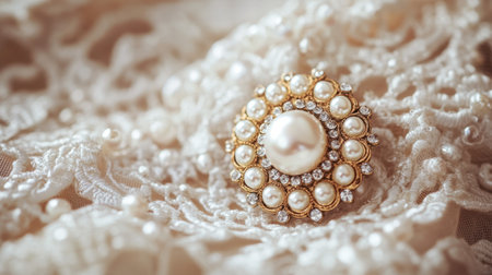 A close-up of a pearl-studded brooch pinned to a lace wedding gown, capturing the elegance of bridal accessories.の素材