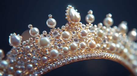 A close-up of a pearl-encrusted tiara, with intricate details shining under soft light, symbolizing royalty and elegance.の素材