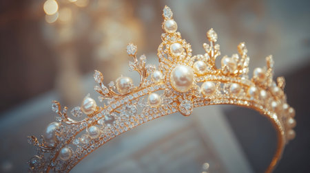 A close-up of a pearl-encrusted tiara, with intricate details shining under soft light, symbolizing royalty and elegance.の素材