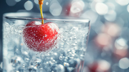 A close-up of a single cherry being dropped into a clear glass of sparkling water, with bubbles rising around it, creating a refreshing, fizzy effect.の素材
