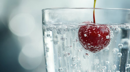 A close-up of a single cherry being dropped into a clear glass of sparkling water, with bubbles rising around it, creating a refreshing, fizzy effect.の素材