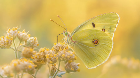 A close-up of a yellow butterfly resting on a flower with a soft yellow background.の素材
