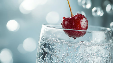 A close-up of a single cherry being dropped into a clear glass of sparkling water, with bubbles rising around it, creating a refreshing, fizzy effect.の素材