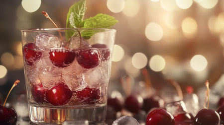 A close-up of cherries in a cocktail glass with ice cubes and a sprig of mint, creating a refreshing summer drink, with the bar ambiance in the background.の素材