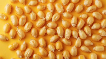 A close-up of golden corn kernels stacked neatly against a smooth yellow background.の素材
