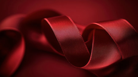 A close-up of red fabric ribbon curling against a rich red backdrop, adding elegance.の素材