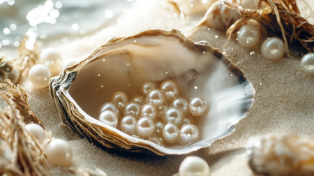 A close-up of pearls cascading from an open oyster shell, surrounded by beach elements like sand and seaweed.の素材