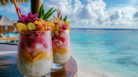 A close-up of tropical cocktails served by the beach, garnished with fresh fruits and vibrant flowers, with the stunning Maldivian sea in the background.の素材