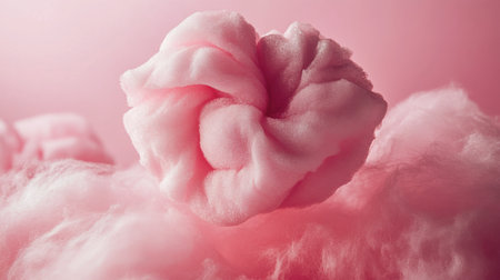 A close-up of pink cotton candy against a soft pink backdrop, evoking childhood memories.の素材