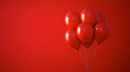 A cluster of vibrant red balloons hovering against a vivid red background, creating a festive feel.の素材
