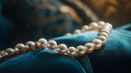 A close-up shot of a delicate string of pearls resting on a velvet cushion, highlighting their luster and elegance.の素材