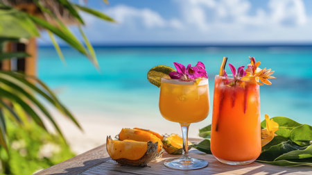 A close-up of tropical cocktails served by the beach, garnished with fresh fruits and vibrant flowers, with the stunning Maldivian sea in the background.の素材