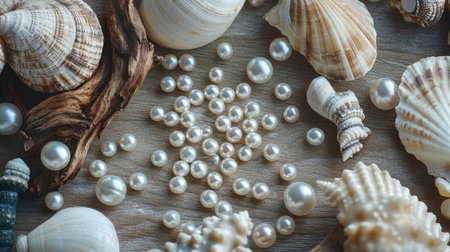 A creative flat-lay of pearls scattered across a table, surrounded by seashells and driftwood, evoking a coastal theme.の素材