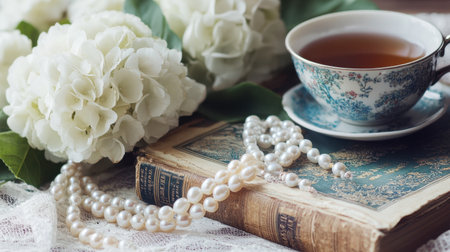 A delicate pearl necklace resting on a vintage book, with a cup of tea and flowers nearby, creating a cozy, refined scene.の素材