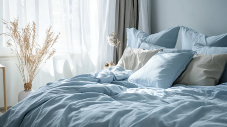 A cozy bedroom with light blue bed linens and pillows, creating a calm and inviting space.の素材