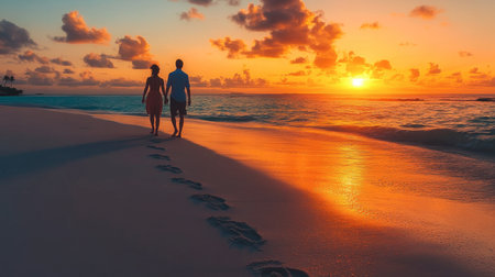 A couple walking hand-in-hand along the shoreline at sunset, leaving footprints in the sand as the sun sets over the horizon in the Maldives.の素材