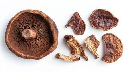 A dried Reishi mushroom and slices laid out flat on a crisp white background, showcasing their medicinal uses.の素材