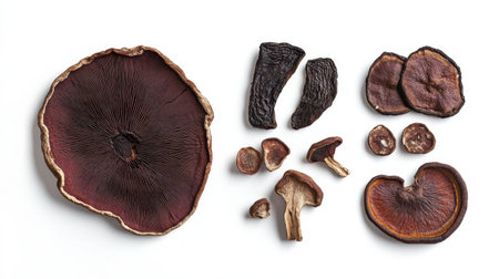 A dried Reishi mushroom and slices laid out flat on a crisp white background, showcasing their medicinal uses.の素材