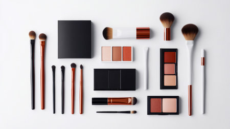 A flat lay of beauty products including brushes and compacts, all arranged neatly on a white background for a professional and clean presentation.の素材
