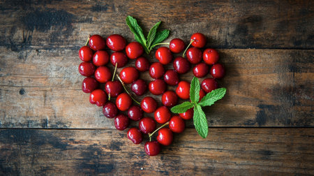 A creative shot of cherries arranged in the shape of a heart on a rustic wooden table, symbolizing love and health, with a sprig of mint for decoration.の素材