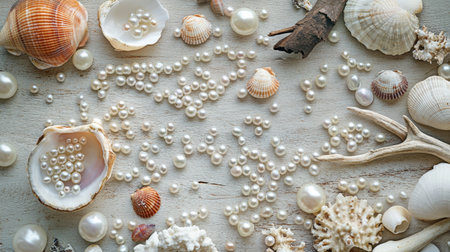 A creative flat-lay of pearls scattered across a table, surrounded by seashells and driftwood, evoking a coastal theme.の素材