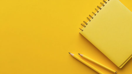 A flat lay of yellow stationery items, including a notebook and pencil, on a yellow background.の素材