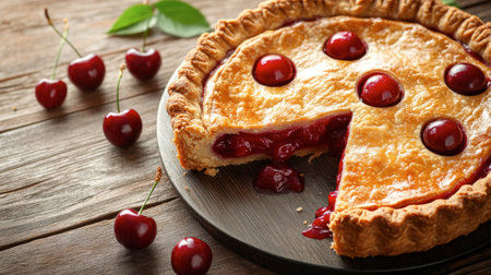 A delicious cherry pie on a wooden table, the golden crust perfectly browned, with fresh cherries scattered around and a slice ready to be served.の素材