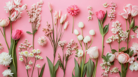 A flat lay of pink and white flowers arranged on a pink background, perfect for a spring theme.の素材