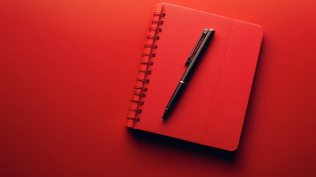 A flat lay of a red notebook and pen on a bold red background, offering a clean, creative look.の素材