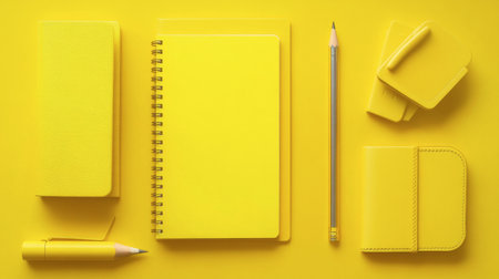 A flat lay of yellow stationery items, including a notebook and pencil, on a yellow background.の素材