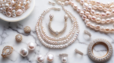 A flat-lay of pearl jewelry, including earrings, necklaces, and rings, arranged artistically on a marble surface.の素材