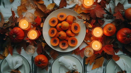 A flat-lay shot of a fall-themed table setting, featuring sliced persimmons as part of a centerpiece, surrounded by autumn leaves and candles.の素材