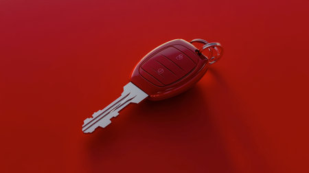 A glossy red car key fob placed on a bold red background, symbolizing luxury and sophistication.の素材