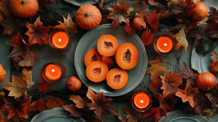 A flat-lay shot of a fall-themed table setting, featuring sliced persimmons as part of a centerpiece, surrounded by autumn leaves and candles.の素材