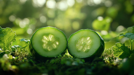 A fresh cucumber sliced in half, set against a green backdrop with blurred foliage.の素材