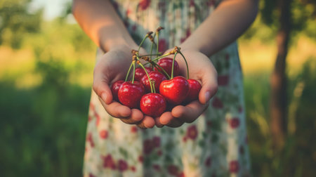 A handful of bright cherries held by a person in a summer dress, with a green field and trees in the background, evoking a sense of freshness and warmth.の素材