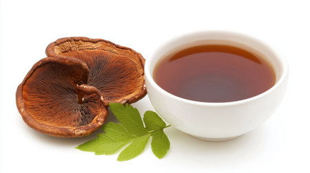 A fresh Reishi mushroom sitting beside a bowl of herbal Reishi tea on a white background, showcasing its holistic benefits.の素材