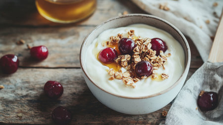 A healthy breakfast spread featuring a bowl of Greek yogurt topped with cherries, granola, and honey, placed on a rustic wooden table with natural light.の素材