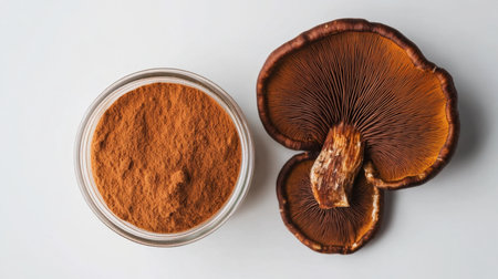 A high-quality Reishi mushroom powder in a glass jar next to dried Reishi mushrooms on a white background.の素材