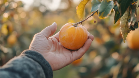 A hand holding a perfectly ripe persimmon, with a blurred orchard in the background, capturing the harvest season in full swing.の素材