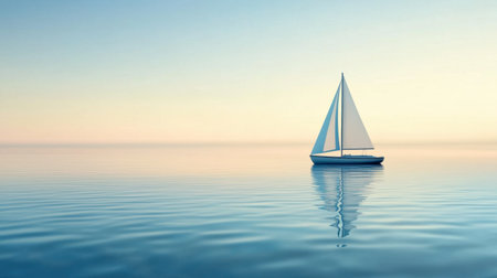 A light blue sailboat peacefully floating on calm waters under a clear sky, evoking a sense of freedom and tranquility.の素材