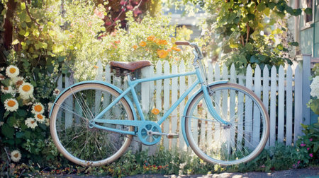 A light blue bicycle leaning against a picket fence in a vibrant neighborhood filled with greenery and flowers.の素材