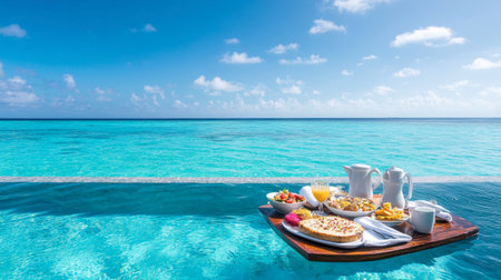 A luxurious breakfast spread floating on a tray in a private infinity pool, with the turquoise ocean as the backdrop, offering a taste of the Maldivian lifestyle.の素材