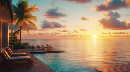 A luxury wooden deck overlooking the ocean, complete with lounge chairs and an infinity pool, set against the backdrop of a vibrant Maldivian sunset.の素材