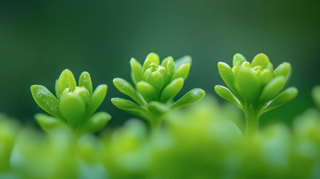 A macro view of small green buds sprouting, with a soft focus green background.の素材