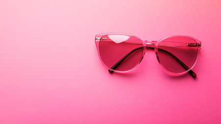 A pair of pink sunglasses resting on a vibrant pink background, ready for summer fun.の素材